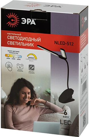 Светильник настольный аккумуляторный светодиод. Эра NLED-512 6Вт прищепка черный купить в СОМ
